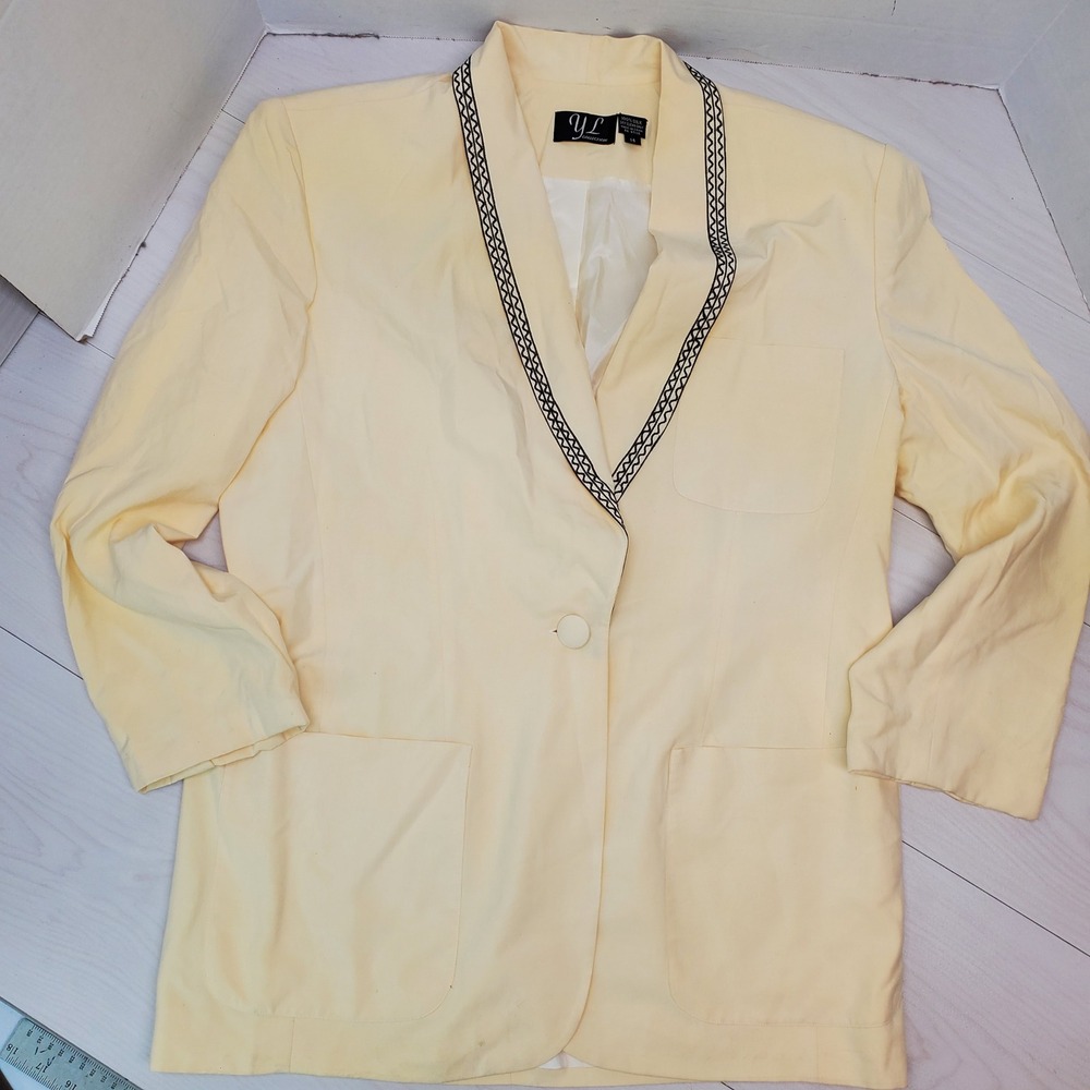 YL Collection Women 100% Silk Blazer Pale Yellow Shawl Collar Trim Size 14